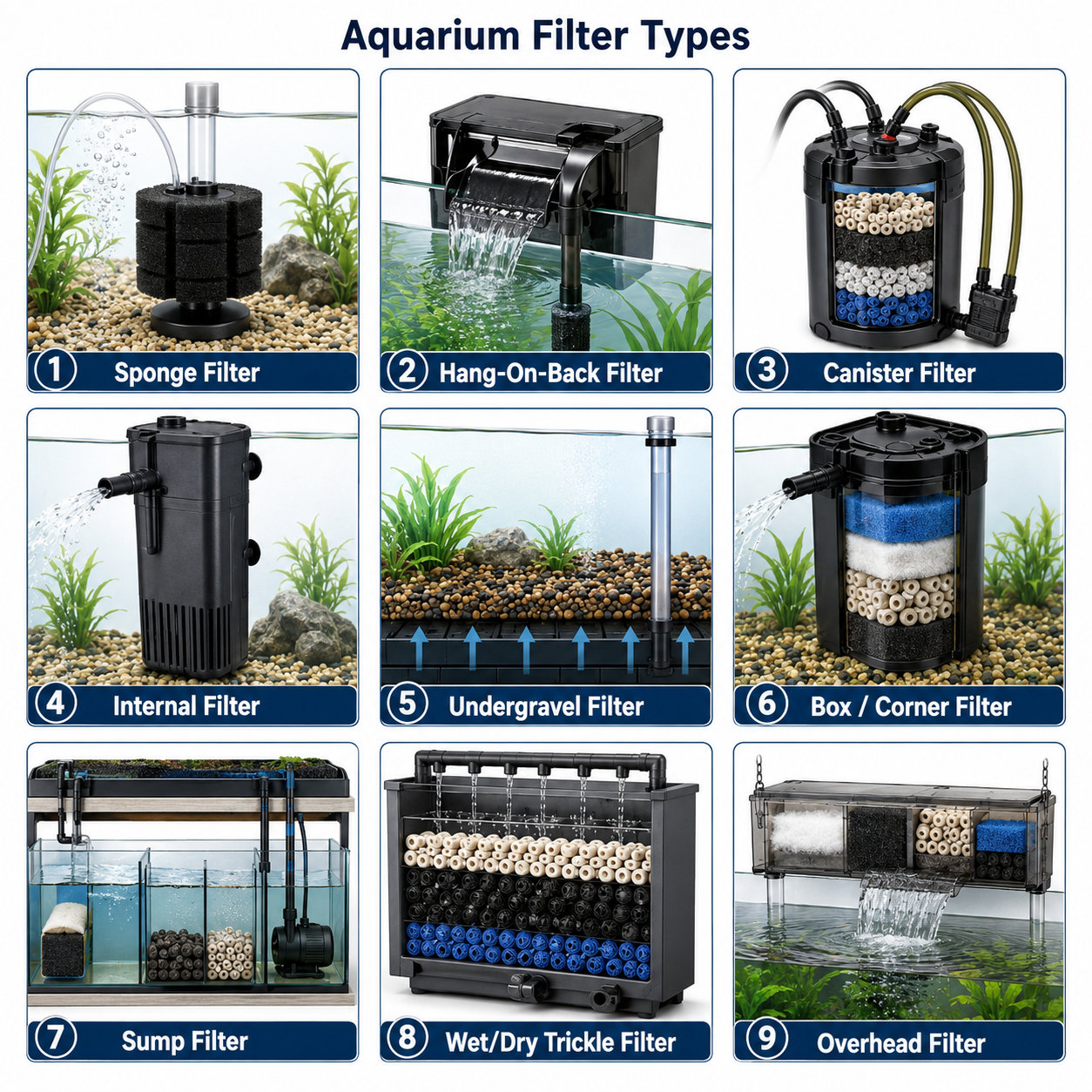 Aquarium filter types including sponge, hang-on-back, canister, internal, undergravel, box, sump, wet/dry trickle, and overhead filters
