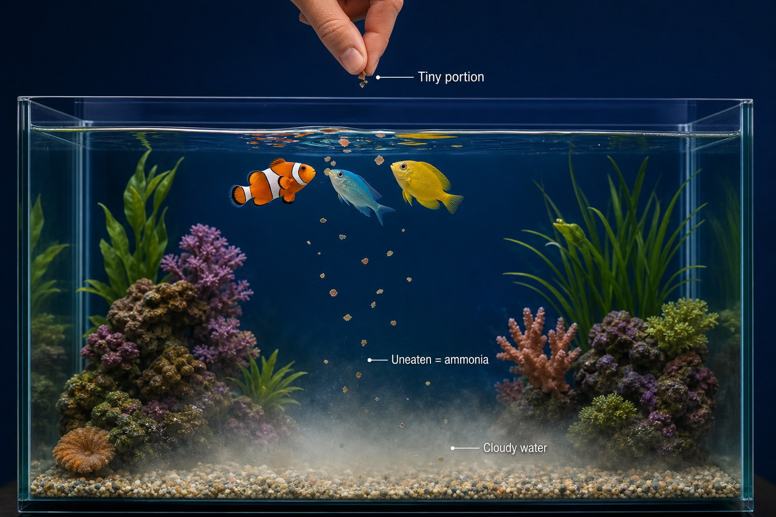 Small aquarium feeding portion with uneaten food warning illustration