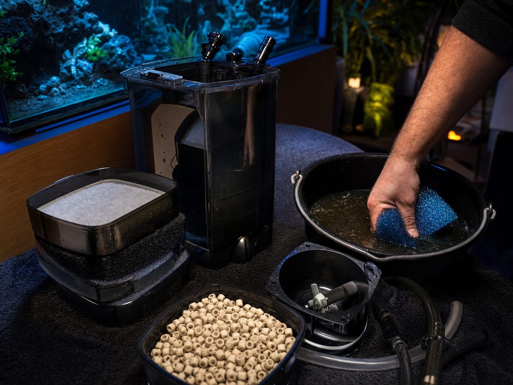 Opened canister filter with sponges being rinsed in a bucket of old tank water and ceramic bio rings set aside