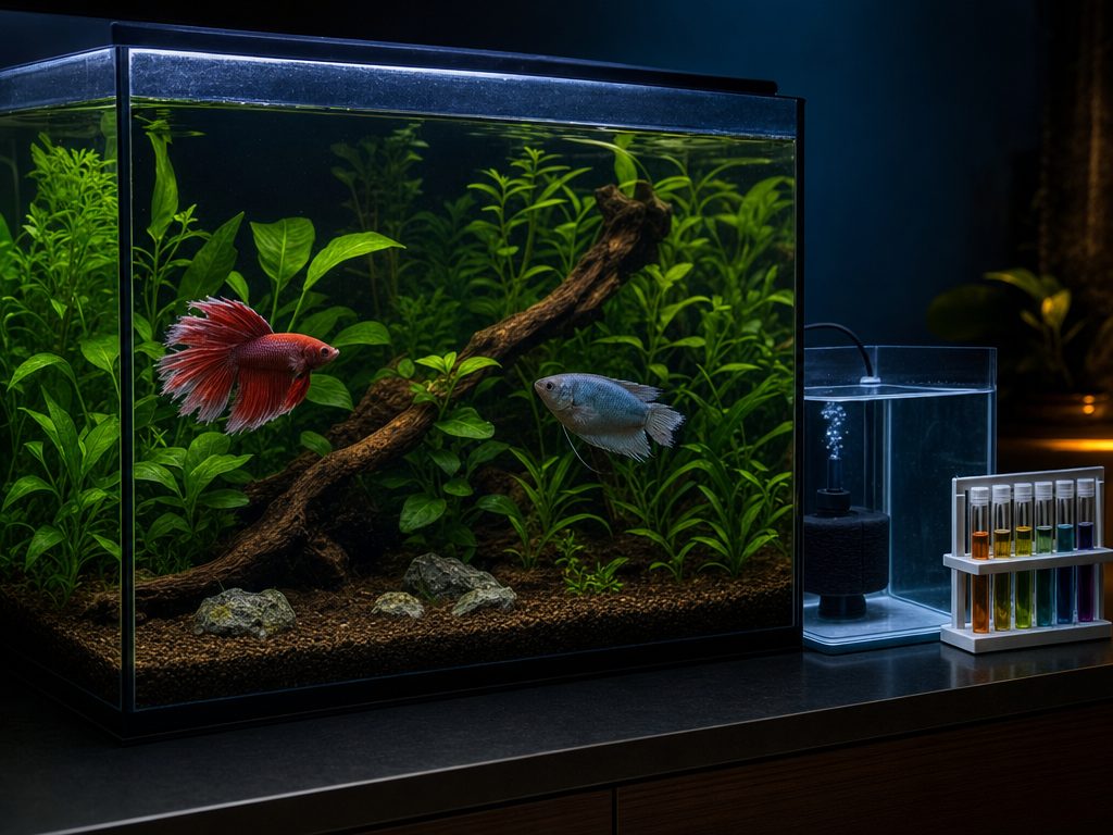 Freshwater fish with ragged, frayed fin edges in a planted aquarium, with a test kit and a small hospital tank nearby