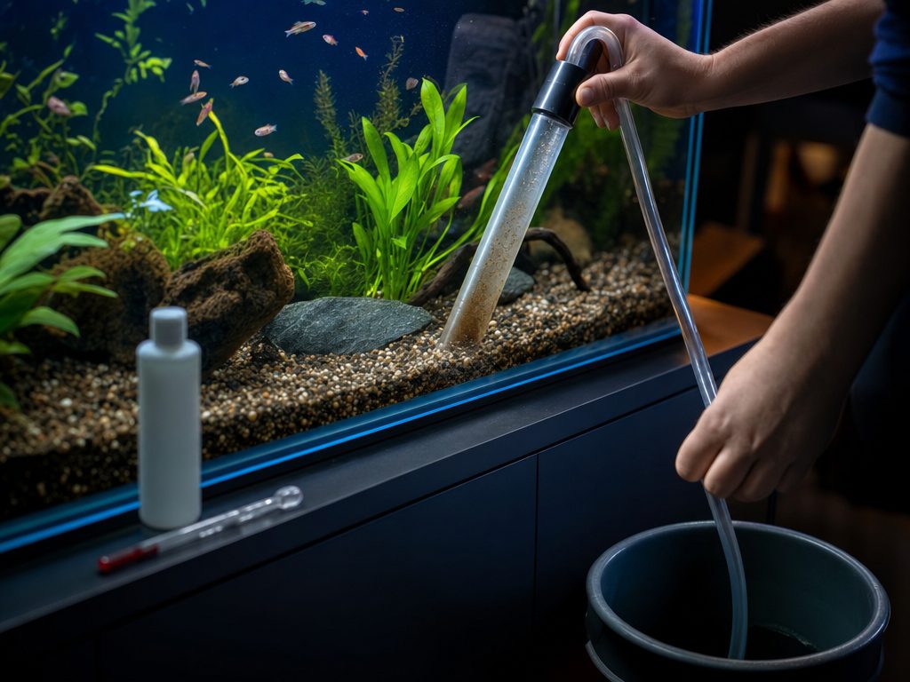 Gravel vacuum siphon lifting debris from aquarium gravel into a bucket, with water conditioner and a thermometer ready for refilling