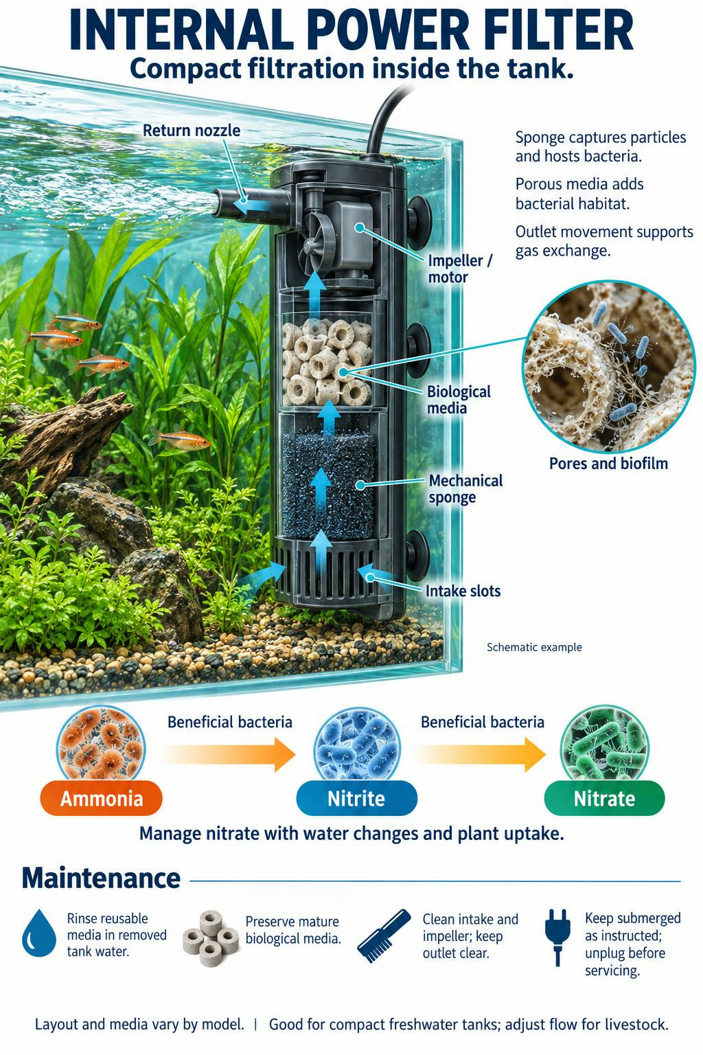 Internal power filter aquarium filtration system diagram