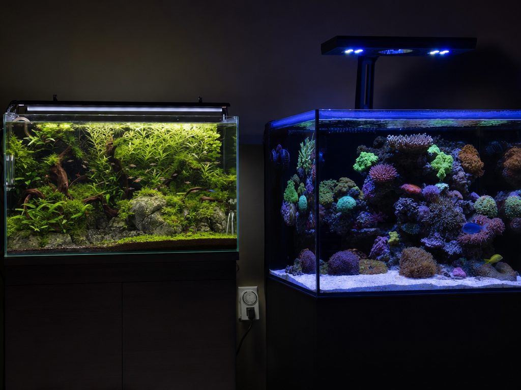 Planted freshwater and reef aquariums under LED lights, with a plug-in timer controlling the photoperiod