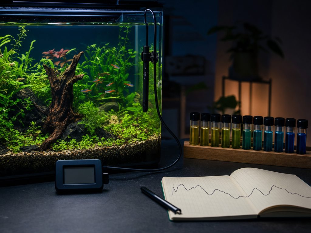 Aquarium with a pH probe in the water, color test vials and a logbook charting readings over the day