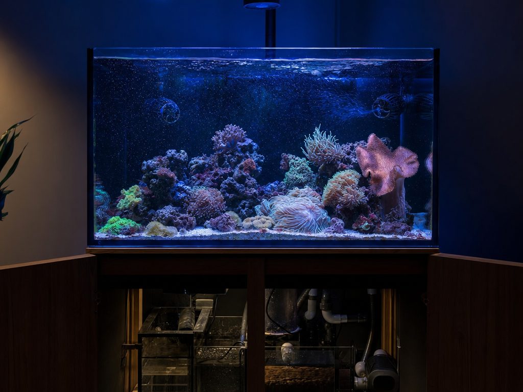 Reef aquarium with wavemaker pumps on the glass moving corals and particles, and a return pump in the sump below
